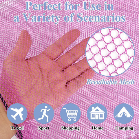 Hand holding pink mesh fabric showing detail of Six Colorful Mesh Drawstring Bags Set 14x18 Inch For Gym Gear Laundry Beach And Toys Easy Lock Closure