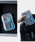 Ultra Handy 68 Piece Ratcheting Screwdriver Set With Magnetic Bits And Sockets in impact case shown in drawer and backpack.