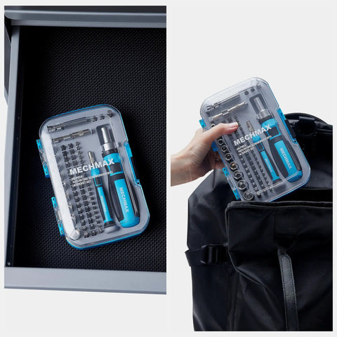 Ultra Handy 68 Piece Ratcheting Screwdriver Set With Magnetic Bits And Sockets in impact case shown in drawer and backpack.