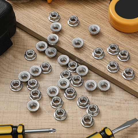 Killer Grade M6 Serrated Flange Nuts 100 Pack Built Hella Tough From Rust Free 304 Stainless Steel Heavy Duty Hexagon Bolts on wood surface.