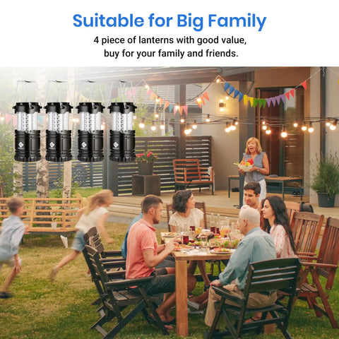 Four Pack LED Camping Lanterns for Power Outages and Emergencies, shown during a family gathering in backyard.