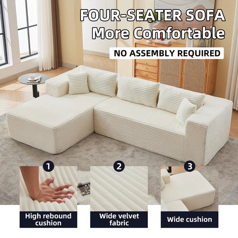No Fuss 107 Inch Modular Sofa Set Of 2 With Left Facing Chaise, White Corduroy Fabric, No Assembly Required, L Shaped Recliner, Headrests
