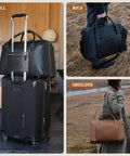 Carry On Ready Duffle Travel Bag With Clamshell Opening, 33 Liter Capacity on luggage, held by hand, and on shoulder in landscape.