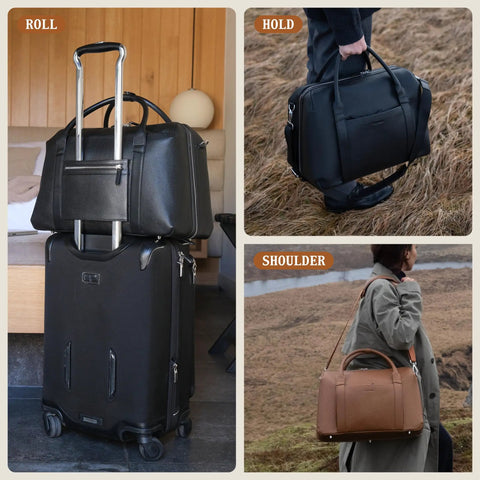 Carry On Ready Duffle Travel Bag With Clamshell Opening, 33 Liter Capacity on luggage, held by hand, and on shoulder in landscape.