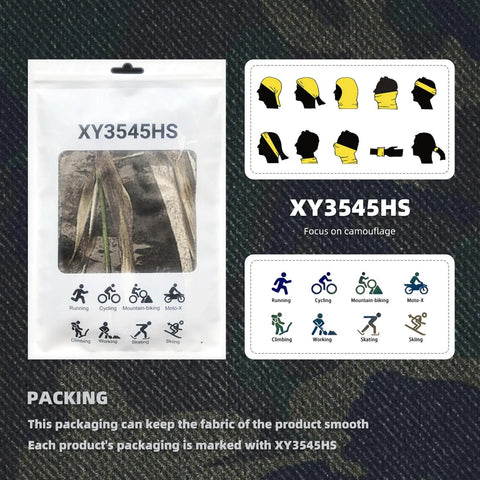 Camo Balaclava Face Mask With Mesh Breathable Holes For Men And Women packaging showing camouflage design and versatility icons