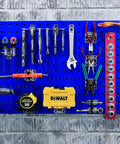 LocBoard Kit Pair Of 18 In By 36 In Stainless Steel Pegboards In Blue with tools mounted, hidden mounting hardware visible