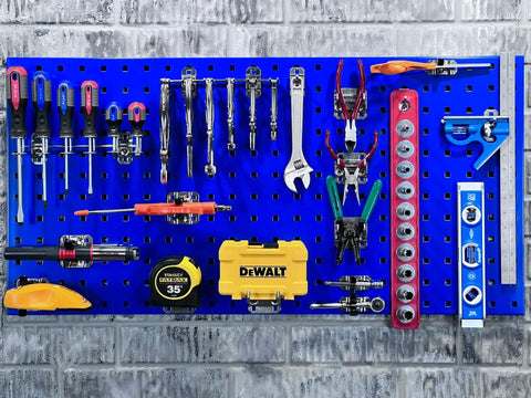 LocBoard Kit Pair Of 18 In By 36 In Stainless Steel Pegboards In Blue with tools mounted, hidden mounting hardware visible