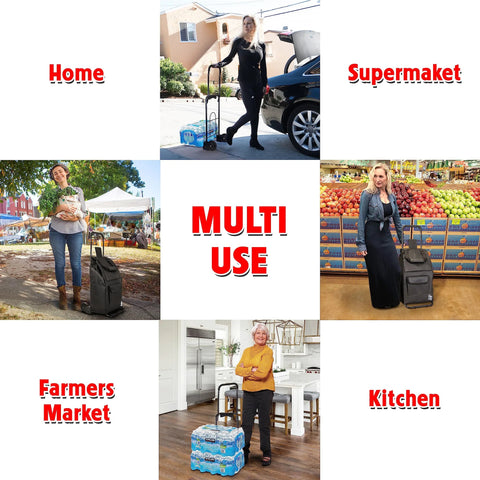 Foldable Grocery Cart On Wheels With Removable Tote Bag And Storage Pockets shown in various settings: home, supermarket, farmers market, kitchen.