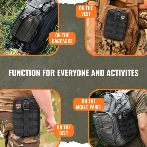 Go Bag For Ham Radio With Tear Away Hook And Loop Back MOLLE Compatible Multi Pocket Gear Carrier attached to backpack, vest, belt, and MOLLE panel.