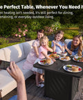 Family enjoying brunch around Powerful 52,000 BTU Outdoor Propane Fire Pit Table For Patio And Backyard With Easy Hook Lid Mesh Pocket