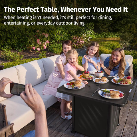 Family enjoying brunch around Powerful 52,000 BTU Outdoor Propane Fire Pit Table For Patio And Backyard With Easy Hook Lid Mesh Pocket