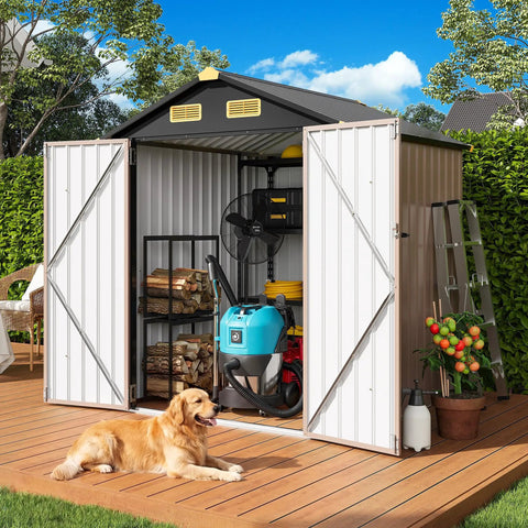 Heavy Duty 6x6 Outdoor Storage Shed With Lockable Double Doors, Galvanized Steel Build, Built In Ventilation, Weather Tough, All Season Ready, Ideal For Wheelbarrows, Bikes, Lawn Mowers, Yard Bins And Garden Gear, Black Brown