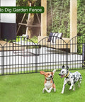 Rustproof Metal Garden Fence Kit With 5 Panels And 6 Stakes, 28 Inch High By 11.7 Feet Long, Black, installed in yard