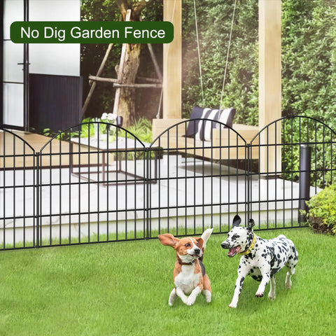 Rustproof Metal Garden Fence Kit With 5 Panels And 6 Stakes, 28 Inch High By 11.7 Feet Long, Black, installed in yard