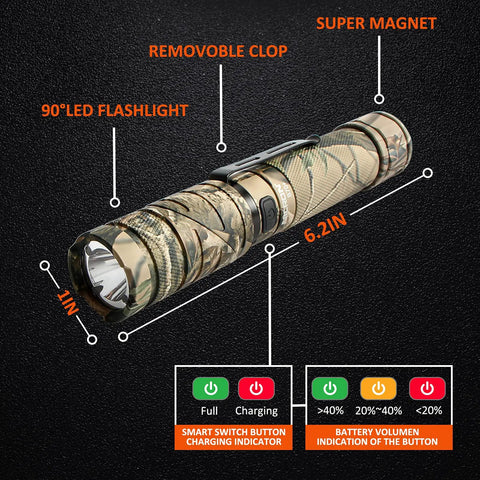 Rechargeable 1800 Lumen Twist Flashlight With 3 Color Modes White Green Red, Adjustable 90 Degree Beam, Camo Body, 6.2in size
