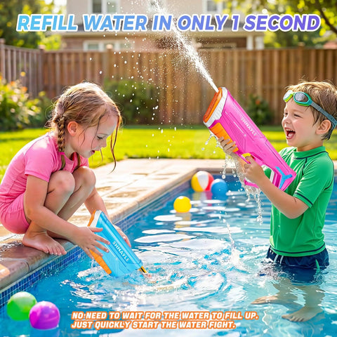 Children playing with Electric Water Gun for Pool with Type C Charging Fast Fill Water Beast Mode Automatic Squirt Blaster by pool.