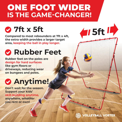 Adjustable 7x5 Volleyball Practice Rebounder Net for Quick Returns Portable Training Gear Game Changer shown in a gym