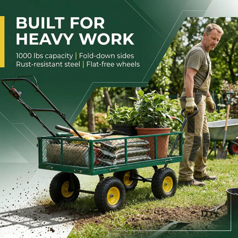 Heavy Duty 1000 Lb Capacity Mesh Steel Garden Cart With 10 In Flat Free Wheels, folding utility wagon with removable sides