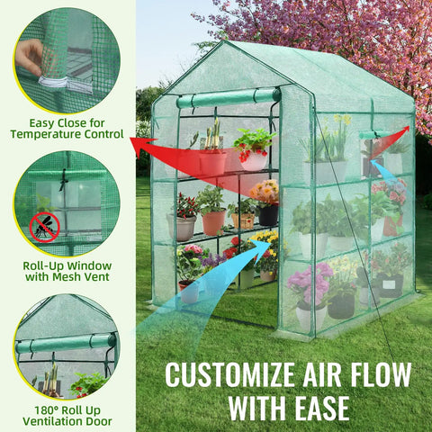Heavy Duty Walk In Greenhouse For Backyard Growers With Thick Poly Cover And Window, 57 x 57 x 76 Inches, 3 Tiers Eight Shelves, Durable Greenhouse Kit For Indoor Or Outdoor Use