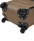 Underside view of Underseat 17 Inch Spinner Carry On Luggage With USB Charging Port For Air Travel Mocha Color 4 Wheel Spinner