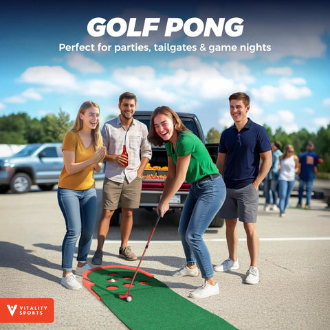 Group enjoying Backyard Mini Golf Putting Game Set With 2 Putters And 2 Balls 10 Foot Practice Putting Green Mat at a tailgate.