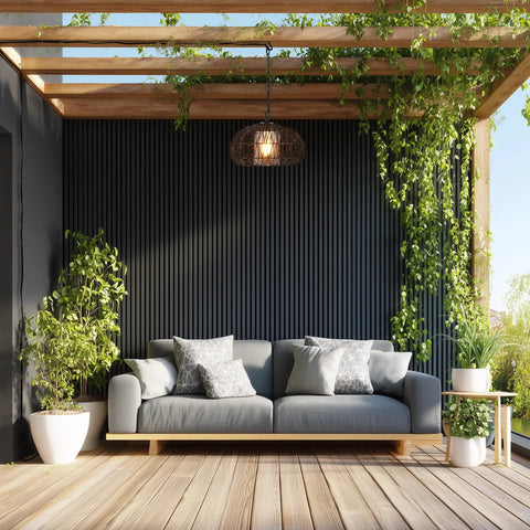 1 Light Outdoor Indoor Plug In Pendant Light With Black Woven Fabric Shade, Matte Black Finish over patio sofa