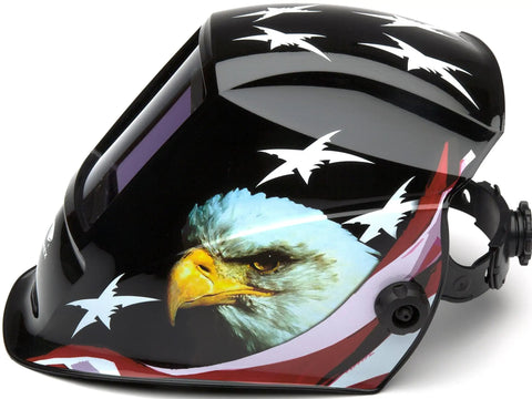 Wham 3030AE Arc Sensor Welding Mask With Pivot Headgear with eagle and stars design, side view