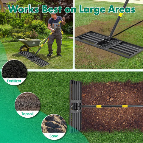Foldable Lawn Leveling Rake With 30x10 Inch Ground Plate And 70 Inch Adjustable Handle, used on large lawn areas with sand and soil.