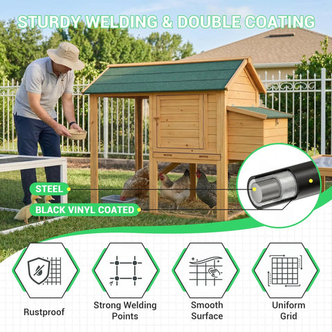 Man feeding chickens with 48 Inch By 100 Foot Black Vinyl Coated Hardware Cloth With One Half Inch Mesh, 19 Gauge Welded Wire Fence.