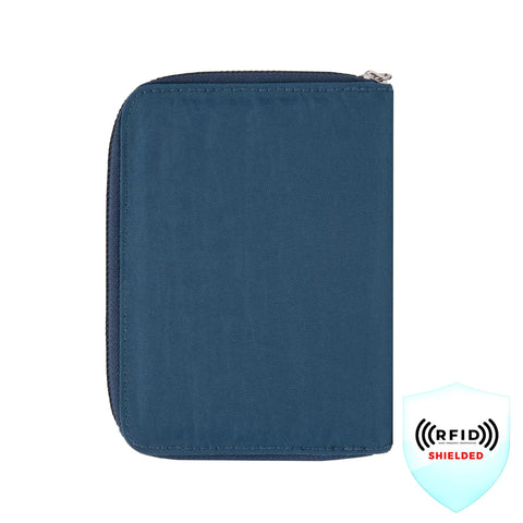 RFID Blocking Passport Zip Wallet For Safe Travel, Slim blue case with RFID shield for international trips and weekend getaways