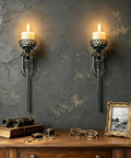 Gatheroad Pillar Candle Wall Sconces Set of 2, Gothic Lattice Crown Decor displayed on dark wall with burning candles.