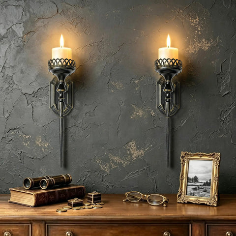 Gatheroad Pillar Candle Wall Sconces Set of 2, Gothic Lattice Crown Decor displayed on dark wall with burning candles.