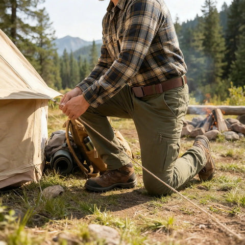 Man setting up a tent wearing 6 Pack Tactical Belt For Men With Heavy Duty POM Buckle Metal Free Nylon Web Belt 1.5 Inch Wide 49 Inch Long
