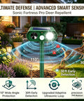 Solar Ultrasonic Animal Repellent For Gardens And Yards With Motion Sensor Strobe Light, solar-powered green unit on stake, 110° 30 ft coverage