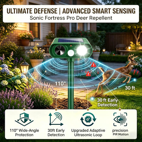 Solar Ultrasonic Animal Repellent For Gardens And Yards With Motion Sensor Strobe Light, solar-powered green unit on stake, 110° 30 ft coverage