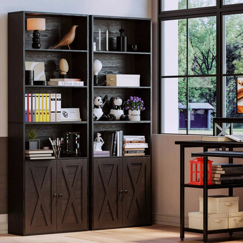 Industrial Bookshelf With Doors, 6 Tier Floor Standing Bookcase showcasing black wood frame filled with books and decor.