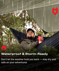 Man in hammock under 12x10 Rain Fly Tarp For Survival Camping, Ultra Lightweight Waterproof Shelter, OD Green.