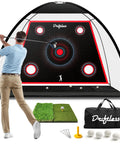 Golfer using Full Swing Golf Practice Net 10x7 Ft for Backyards And Indoor Hitting with mat and accessories, home training aid