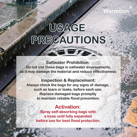 Wet street and drain with instructions for flood barrier usage and precautions
