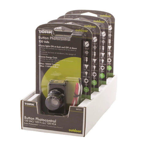 Tork RKP301 Outdoor 120-Volt Button Photocontrol Dusk To Dawn Sensor packages in display box for exterior lighting