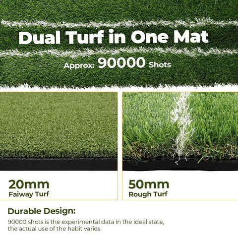 Real Feel Golf Hitting Mat Pro Grade With Large Double Turf showing 20mm fairway and 50mm rough turf zones for indoor and outdoor practice