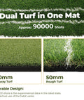 Close-up of Big 5x4ft Double Turf Golf Hitting Mat showing 20mm fairway turf and 50mm rough turf with calibration lines.