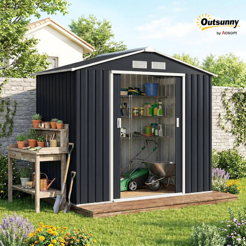 7x4 Outdoor Metal Storage Shed With Foundation Kit, Double Lockable Doors, Air Vents, And Sloped Roof For Backyard in Dark Gray