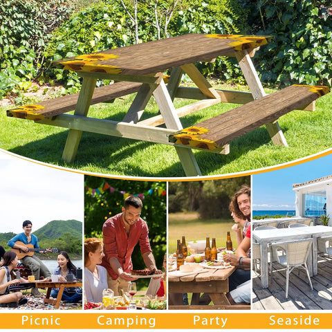 Sunflower Themed 6Ft Picnic Table Cover With Elastic Bench Covers Waterproof Fitted Tablecloths Wood Grain Outdoor Gear For Camping No Fuss Grilling 3 Piece Set on a wooden picnic table