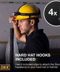 Man wearing yellow hard hat with Rechargeable 1000 Lumen LED Headlamp With USB Power, IPX4 Waterproof Head Light attached