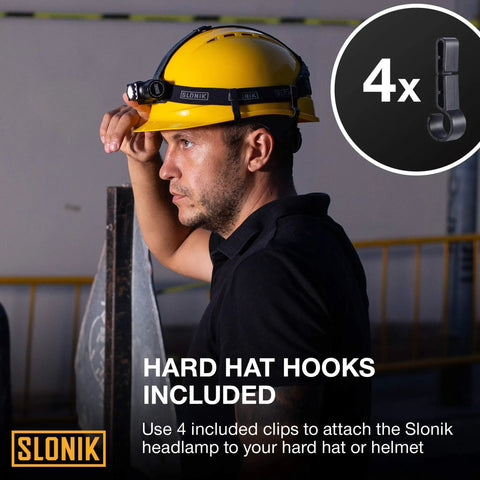 Man wearing yellow hard hat with Rechargeable 1000 Lumen LED Headlamp With USB Power, IPX4 Waterproof Head Light attached