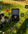 12V 100W Oil Transfer Pump Set With Durable Aluminum Head in use with power cable, battery clips, and retaining clip visible