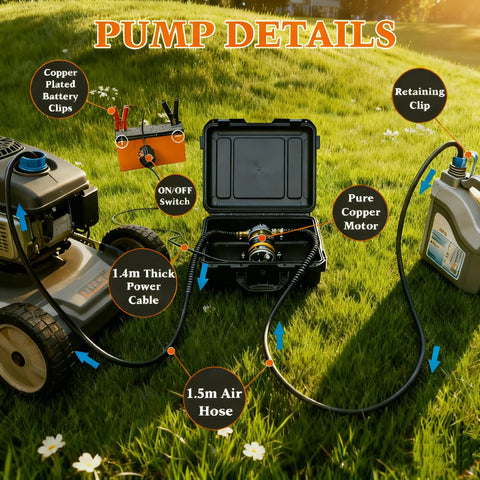 12V 100W Oil Transfer Pump Set With Durable Aluminum Head in use with power cable, battery clips, and retaining clip visible