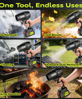 Ultra Lightweight Cordless Leaf Blower With Turbo Boost Up To 10,000 RPM, 21V Power shown in various uses: snow, leaves, car, keyboard, sawdust.