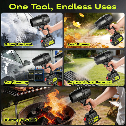Ultra Lightweight Cordless Leaf Blower With Turbo Boost Up To 10,000 RPM, 21V Power shown in various uses: snow, leaves, car, keyboard, sawdust.